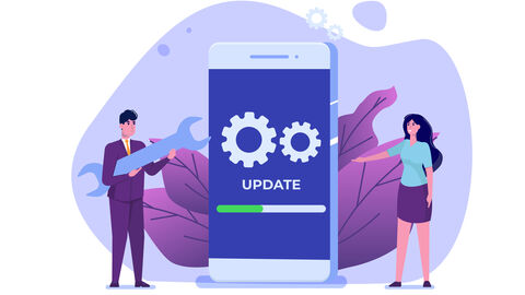 Zeichnung mit zwei Personen, die neben einem Smartphone stehen, auf dem "Update" steht