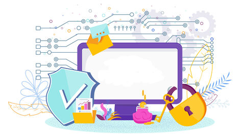 Cybeangriffe sind eine Bedrohung. Grafik: Ein Bildschirm, umgeben von Symbolen für Sicherheit: Ein Schild, ein Schloss