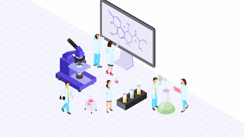 Der Digitalpakt soll auch helfen, Informationen und Ergebnisse von Forschungsaktivitäten zu vernetzen und zusammenzuführen. Grafik: Ein Laptop mit chemischen Formeln, drum herum Forschende