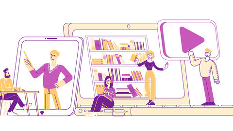 Hochschulbibliotheken gestalten den digitalen Wandel mit und setzen das Potenzial der Digitalisierung in neue und verbesserte Dienste für ihre Nutzerinnen und Nutzer um.  Grafik: Ein Tablet mit Figuren, die verschiedene Medien nutzen