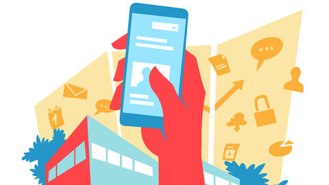 Zeichnung: Eine Hand hält ein Smartphone in die Höhe, im Hintergrund ist ein Gebäude zu sehen, umgeben von Symbolen wie Sprechblase und Email