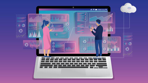 In Wissenschaft und Forschung entstehen täglich riesige Mengen an Datenbeständen.  Grafik: Ein aufgeklappter Laptop, auf dessen Bildschirme zwei Figuren Daten analysieren