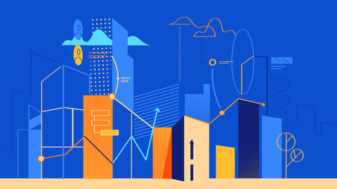 Hochschulen benötigen ihre Datenbestände über Finanzen, Personal, Studium & Lehre sowie Forschung in einfacher und digitaler Form. Dabei hilft ein Data Warehouse. Grafik: Hochhäuser, die mit mathematischen Zeichen verbunden sind.