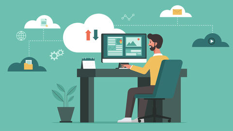 Virtuelle Arbeitsplätze haben vor allem in der Pandemie einen Aufschwung erfahren. Eine Figur sitzt vor einem Computer und ist umgeben von IT-Symbolen