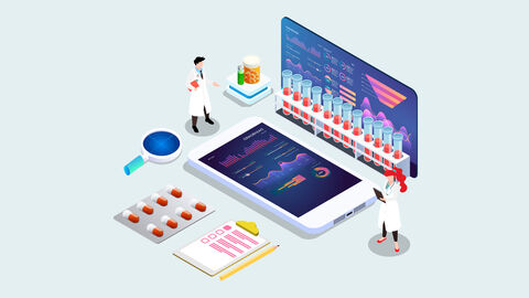Elektronische Laborbücher werden immer wichtiger. Zeichnung: Ein offener Laptop mit Reagezgläsern und kleinen Figuren, die Forschende darstellen