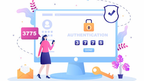 IT-Sicherheit spielt an Hessens Hochschulen eine große Rolle. Zeichnung: Eine Figur steht vor einem Bildschirm und gibt einen Code ein, den sie über ihr Handy empfangen hat
