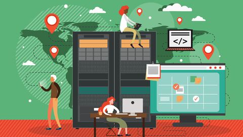 Auch universitäres Hochleistungsrechnen ist ein wichtiger Teil des Digitalpaktes. Illustration: Figuren sitzen auf einem großen Server und arbeiten an Bildschirmen.