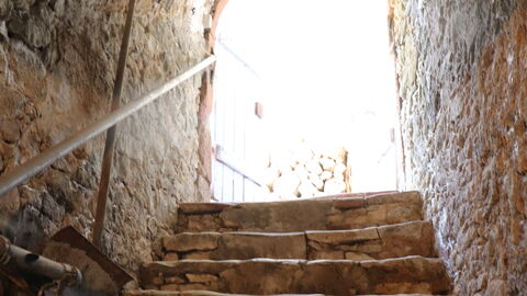 Der Keller im Langer Hof besteht aus Bruchsteinmauerwerk und Stampflehmböden. Blick aus dem Keller nach oben zum Wohnhaus.