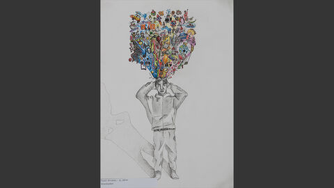 Ein Mann fasst sich mit schmerzverzerrtem Gesicht an den Kopf. Aus seinem Kopf drängen Symbole und Figuren seiner Umwelt, zum Beispiel Notenschlüssel, die Weltkugel, Autos.