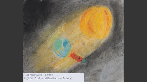 Alaa Nour Calik (8 Jahre), Jugend-Musik- und Kunstschule Maintal, Kategorie Gewinner*innen Einzelpreise 6 bis 8 Jahre Sonne und Erde, eine Rakete hebt von der Erde ab
