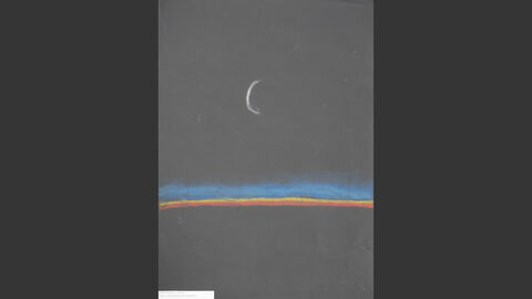 Die Leinwand steht für hochkant; der Hintergrund ist schwarz, man sieht eine Linie am Horizont, die in mehreren Farben leuchtet, darüber die Mondsichel