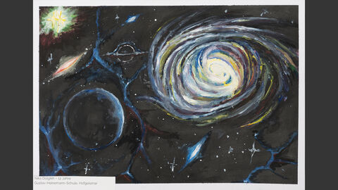 Blick ins All mit Planeten und einem großen Strudel, wahrscheinlich ein schwarzes Loch