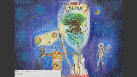 Die Welt ist auf diesem Bild in eine große Maschine eingespannt, die für das Klima sorgt und Abgase filtert