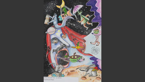 Zwei große Köpfe mit aufgerissenen Mündern im All, sie sind umgeben mit Fabelwesen