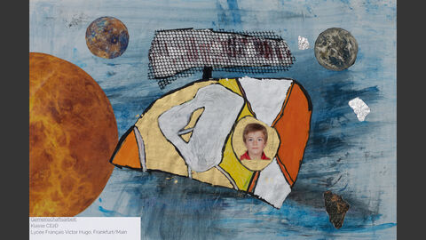 Klasse CE2D des Lycée Français Victor Hugo Frankfurt am Main, Sonderpreis Schule 6 bis 8 Jahre Eine Rakete im All, auf die der Künstler sein Foto geklebt hat.
