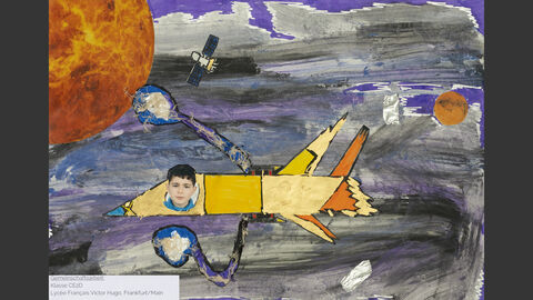 Klasse CE2D des Lycée Français Victor Hugo Frankfurt am Main, Sonderpreis Schule 6 bis 8 Jahre Eine Rakete im All, auf die der Künstler sein Foto geklebt hat.