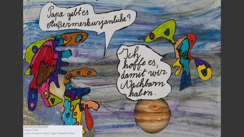 Dialog zwischen Außerirdischen. Einer fragt: "Papa, gibt es Außermerkurianer?" Der Angesprochene antwortet: "Ich hoffe es, damit wir Nachbarn haben."