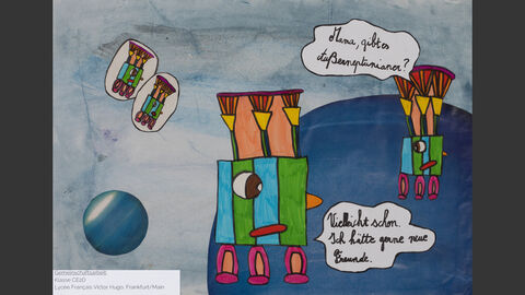 Dialog zwischen Außerirdischen. Einer fragt: "Papa, gibt es Außerneptunianer?" Der Angesprochene antwortet: "Vielleicht schon. Ich hätte gern neue Freunde."