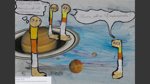 Klasse CE2D des Lycée Français Victor Hugo Frankfurt am Main, Sonderpreis Schule 6 bis 8 Jahre Dialog zwischen Außerirdischen. Einer fragt: "Mama, gibt es Außersaturnjanische?" Die Angesprochene antwortet: "Also echt, Kinder können manchmal echt anstrengend werden."