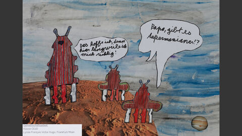 Dialog zwischen Außerirdischen. Einer fragt: "Papa, gibt es Außermarsianer?" Der Angesprochene antwortet: "Das hoffe ich, denn hier langweile ich mich richtig!"