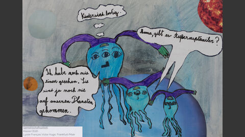 Klasse CE2D des Lycée Français Victor Hugo Frankfurt am Main, Sonderpreis Schule 6 bis 8 Jahre Dialog zwischen Außerirdischen. Einer fragt: "Mama, gibt es Außerneptuniker?" Die Angesprochene antwortet: "Ich habe noch nie einen gesehen. Sie sind ja noch nie auf unseren Planeten gekommen." Und in einer Denkblase: "Kinder sind lustig."