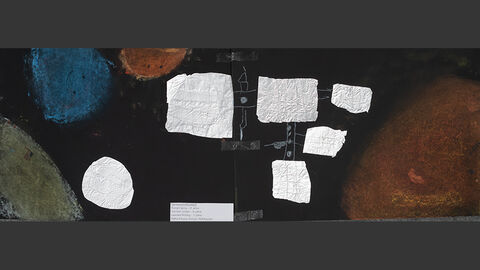 Florian Sprey (8 Jahre), Yannick Jordan (8 Jahre) und Lennard Mühlig (7 Jahre), Käthe-Paulus-Schule Mainhausen, Kategorie Anerkennungspreis Gruppenarbeit Eine Collage mit Blick ins All, in dem gebastelte Satelliten kreisen