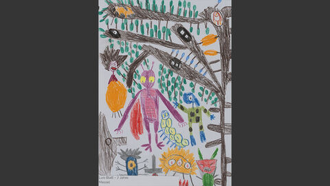 Ein Baum mit verschiedenen fremdartigen Wesen drum herum, vielleicht Außerirdische