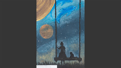 Ein Mädchen sitzt mit einer Katze auf einer Schauke und schaut in den Sternenhimmel, in dem Delfine fliegen