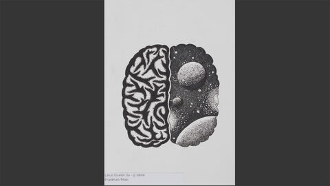 Ein menschliches Gehirn von oben; die linke Seite ist normal, die rechte besteht aus Planeten