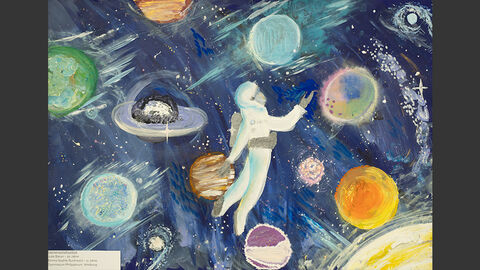 Ein Astronaut schwebt durch das Weltall mit vielen mit bunte Planeten.