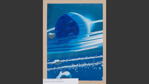 Ein Blauer Planet vor blauem Hintergrund ist umgeben von weißen Ringen und weißen Brocken.