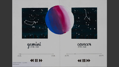Abbildung der Sternbilder Zwilling und Krebs, darunter jeweils eine Zeitleiste mit den Da-ten des Sternbildes. Zwischen den beiden Sternbildern liegt ein bunter Kreis. 