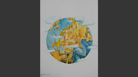 Auf einer Kugel sind die Umrisse Europas, Asiens und eines Teils von Afrika und Amerika angedeutet, darauf sind gestapelte Gebäudezüge und Straßen abgebildet, um die Kugel schweben Wolken.