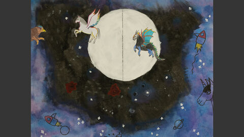 Der Mond als leuchtende Himmelsscheibe, davor fliegen ein Einhorn und ein drachenähnliches Wesen