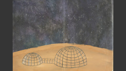 Igluähnliche Gebilde auf einem Wüstenplaneten.