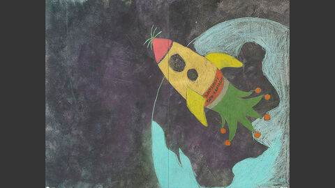 Eine Rakete hebt ab von der Erde, auf ihr steht "Raumschiff der Fantasie"