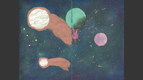 Asteroiden im Weltall und ein Planet, auf dem eine Figur steht