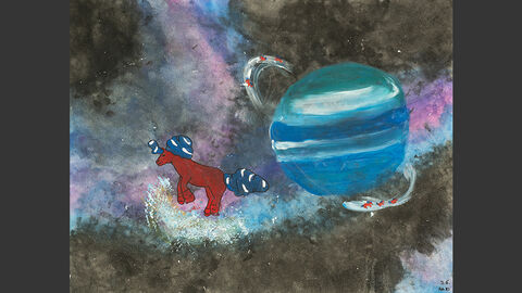 Ein einhornähnliches Wesen fliegt im Weltall umher