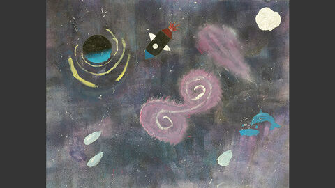 Das Universum mit einer Rakete und Delfinen