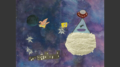 Die Zeichentrickfiguren Sponge Bob und Patrick fliegen von einem Planeten zu einem Raumschiff