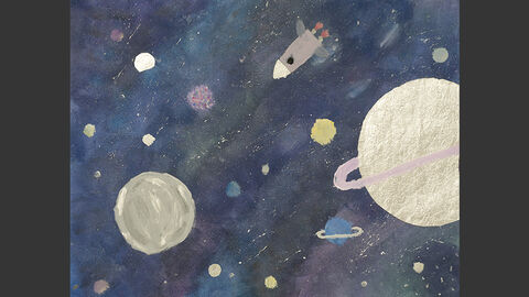 Eine Rakete fliegt durchs All