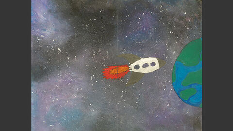 Eine Rakete fliegt durchs All mit Kurs auf die Erde