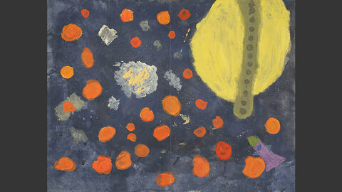 Ein gelbes UFO oder Planet im All, umgeben von orangefarbenen Punkten