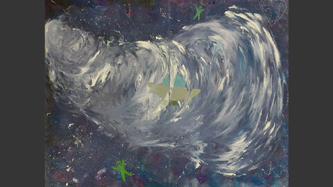 Ein Srudel im All, in dem sich ein UFO befindet