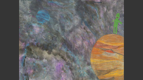 Ein grünes Männchen steht auf einem Planeten.