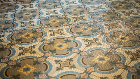Die Eigentümer der Villa Raab ließen Böden und Mosaike aufarbeiten und denkmalgerecht ergänzen. Der Mosaikboden in der Villa Raab.