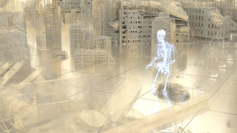 Szene aus "Emo Doc": Ein Gerippe bewegt sich in einer zerstörten Stadt.