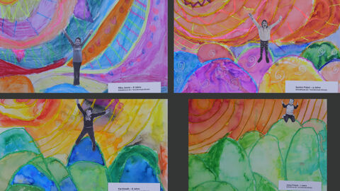 Mehrere Bilder des Projektes der Klasse 2 b der Grundschule im Eitratal, Eiterfeld: Die Kinder haben Fotos von sich ausgeschnitten und in bunte Fantasiewelten geklebt. 