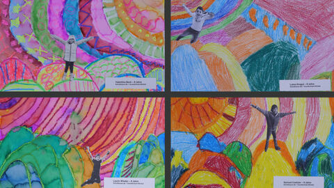 Mehrere Bilder des Projektes der Klasse 2 b der Grundschule im Eitratal, Eiterfeld: Die Kinder haben Fotos von sich ausgeschnitten und in bunte Fantasiewelten geklebt. 