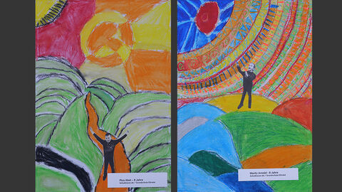 Mehrere Bilder des Projektes der Klasse 2 b der Grundschule im Eitratal, Eiterfeld: Die Kinder haben Fotos von sich ausgeschnitten und in bunte Fantasiewelten geklebt. 